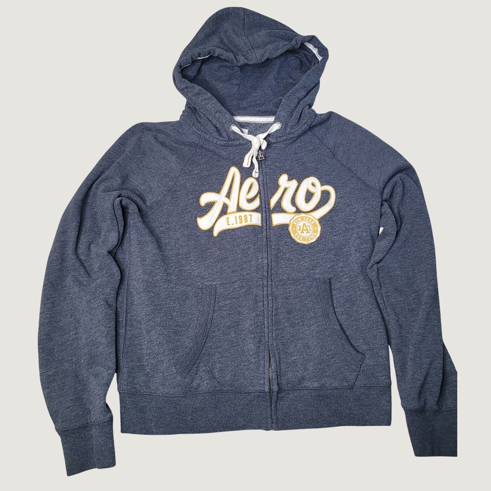 Aeropostale Womens Full‎ Zip Hoodie Gray Yellow Logo Sweatshirt Large L E.1987